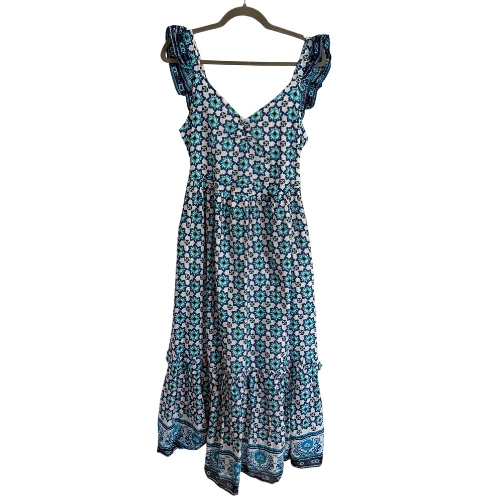 Lucky Brand Blue Geometric Print Cotton Midi Dress Ruffle Small Boho Resort